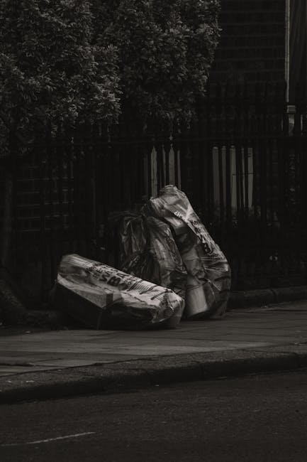 In the foreground, a compact pile of mixed domestic rubbish sits on a concrete driveway. The debris includes cardboard boxes with corrugated textures and partially crushed, displaying brown tones, alo
